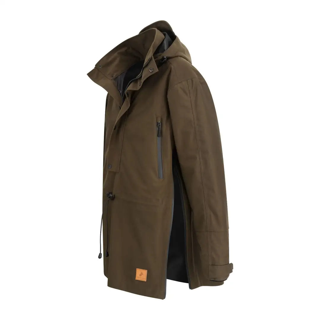 Olive green hooded jacket with zipper and leather patch, perfect for forest country sport