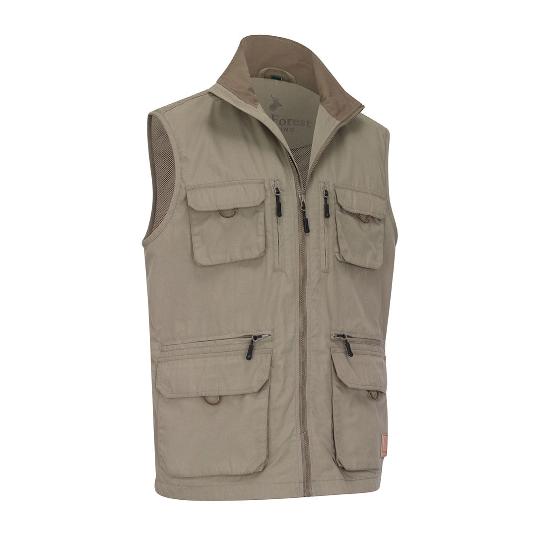 Khaki utility vest shown in New Forest Explorer Gilet, perfect for any forest explorer