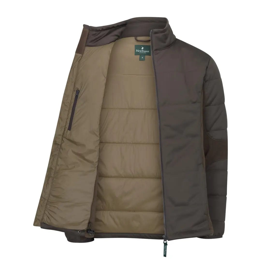 Olive green New Forest Falcon Padded Jacket showing zipper and cozy lining for added warmth