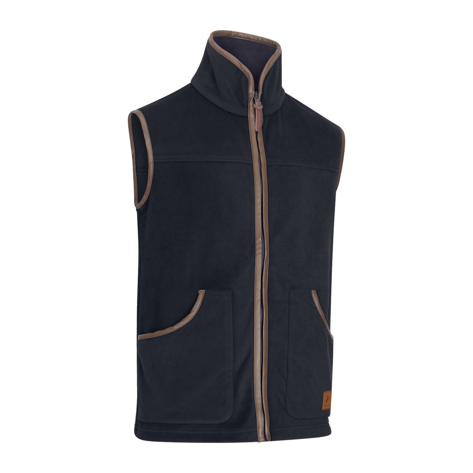 Navy fleece gilet with brown trim from New Forest, perfect for cozy layering