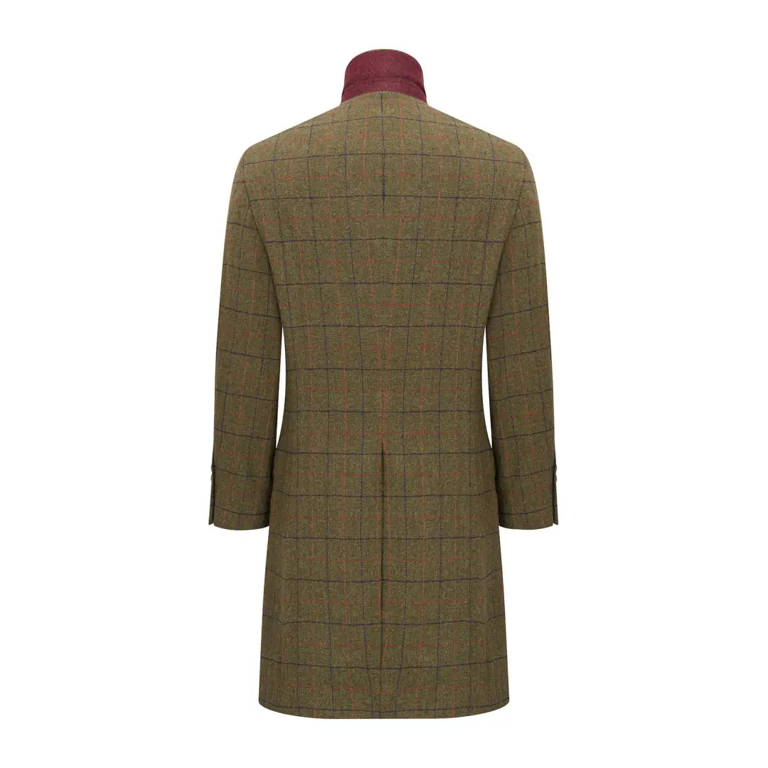 Olive green forest Goodwood tweed long coat with burgundy collar and windowpane pattern