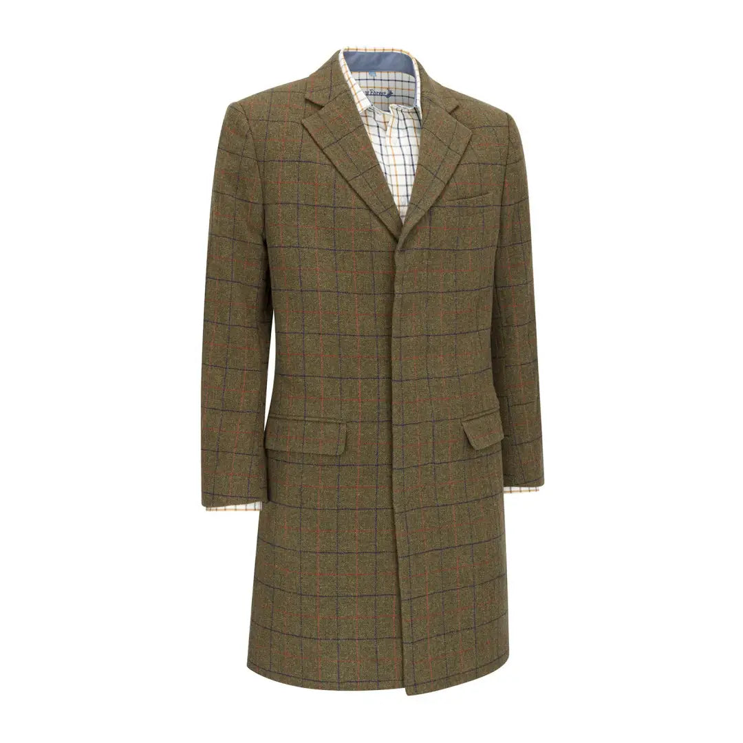 Long Olive Green Tweed Long Coat with Windowpane Check from New Forest Goodwood Tweed