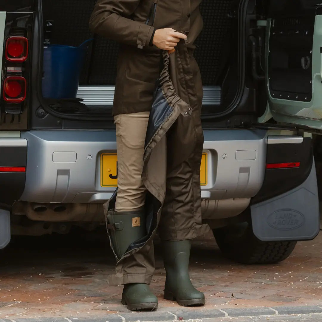 Person in brown coat and green boots showcasing New Forest Hawthorn Overtrousers