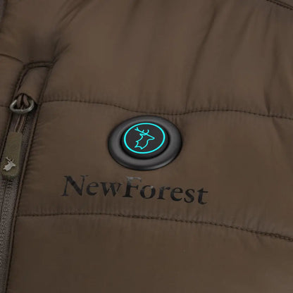 Brown quilted New Forest Heated Gilet with teal deer emblem for cozy style