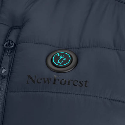 Teal cow icon on NewForest logo button of dark gray New Forest Heated Gilet