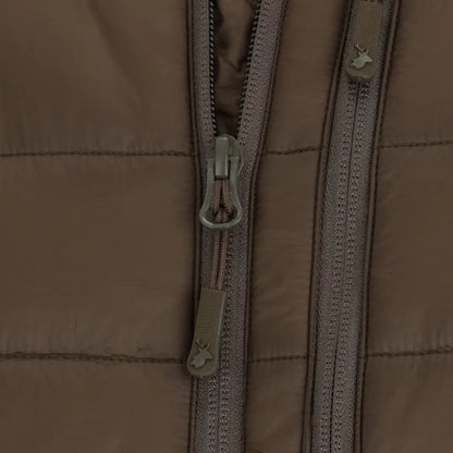 Zipper detail on a brown New Forest Heated Gilet for stylish warmth