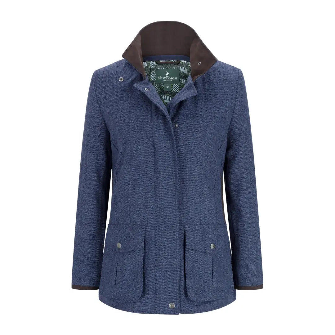 Blue women’s New Forest Jessica Tweed Field Coat with brown collar and pockets