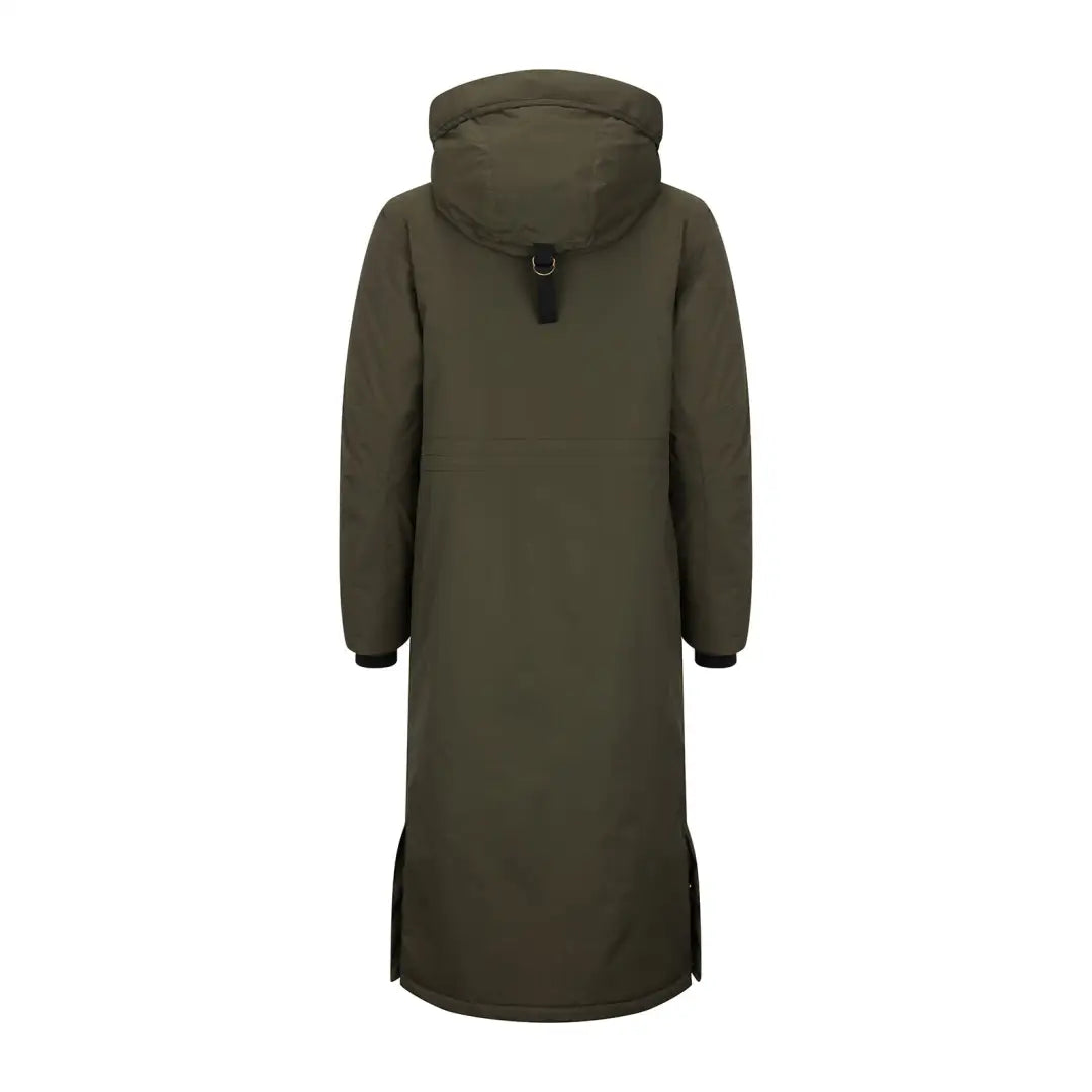 Long olive green winter coat with hood from the New Forest Ladies Arctic Parka collection