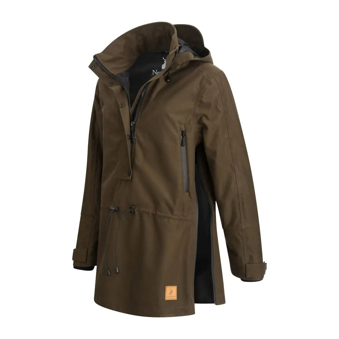 Brown hooded New Forest Ladies Country Sport Smock with zippered pockets and side panels