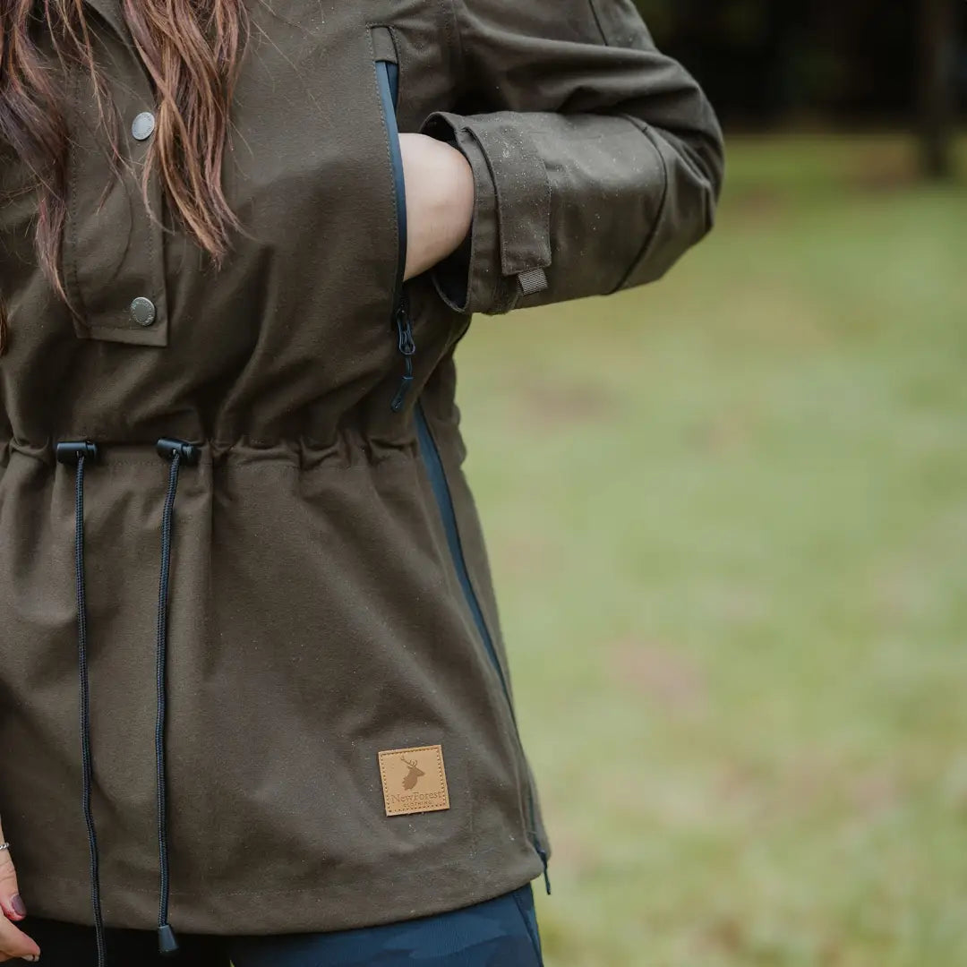 Olive green New Forest Ladies Country Sport Smock with drawstring waist and logo patch