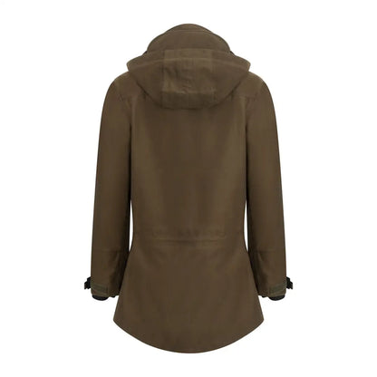 Olive green hooded coat with tailored waist from the New Forest Ladies Country Sport Smock