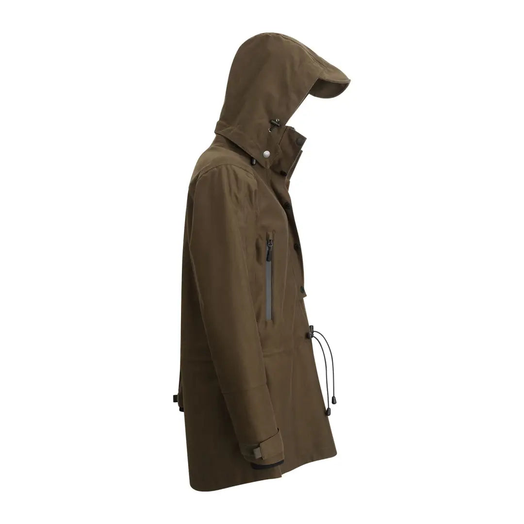 Hooded brown country sport smock with zippered pockets and drawstring waist