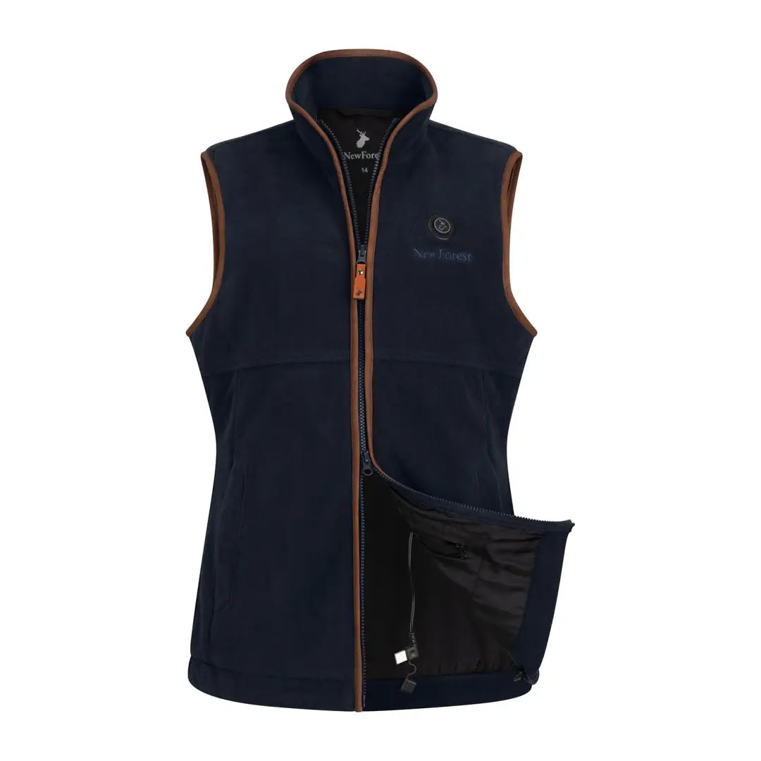 Navy blue heated fleece gilet with brown trim and zipper front for cozy warmth