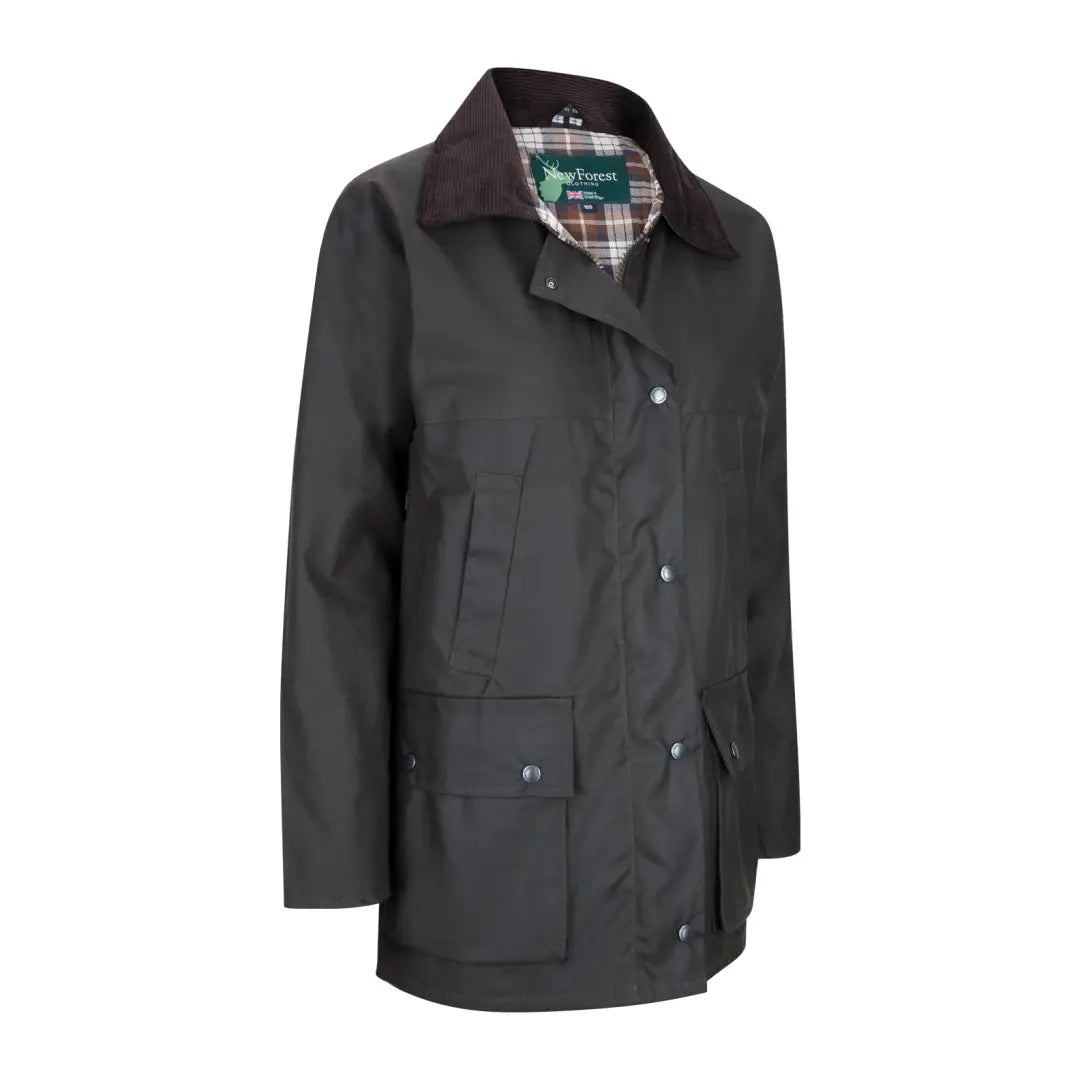 Dark gray wax jacket for ladies with pockets and corduroy collar, perfect for style