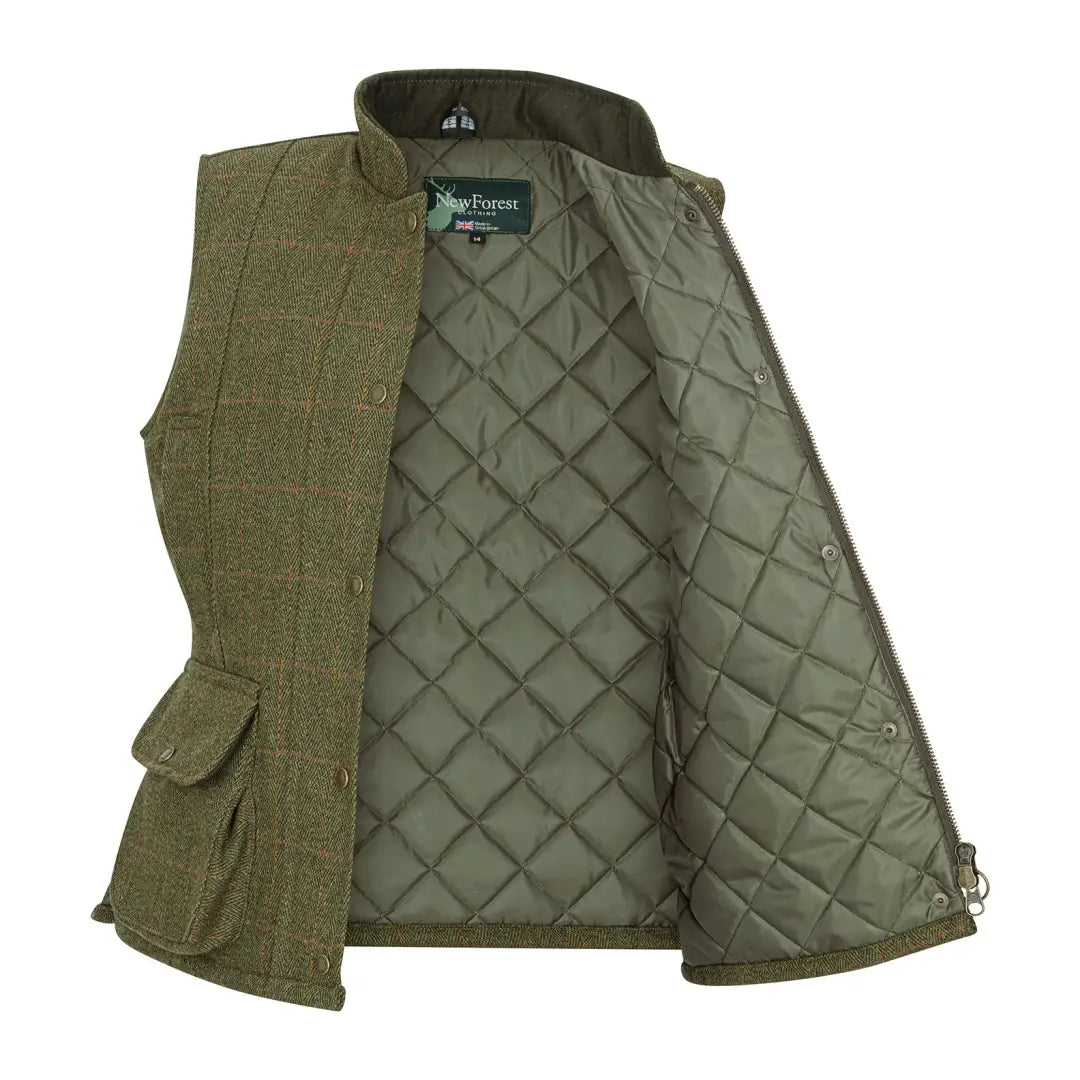 Olive green quilted tweed gilet for stylish forest ladies in cozy fashion