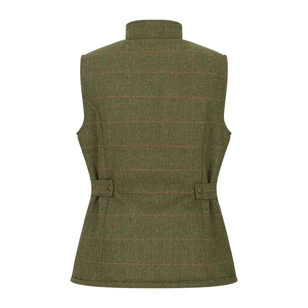 Olive green tweed gilet with high collar and waist adjusters for stylish forest ladies