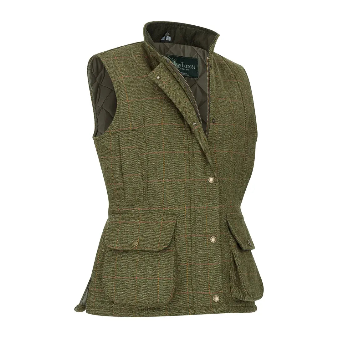 Green tweed gilet for ladies with pockets and high collar, perfect for forest adventures