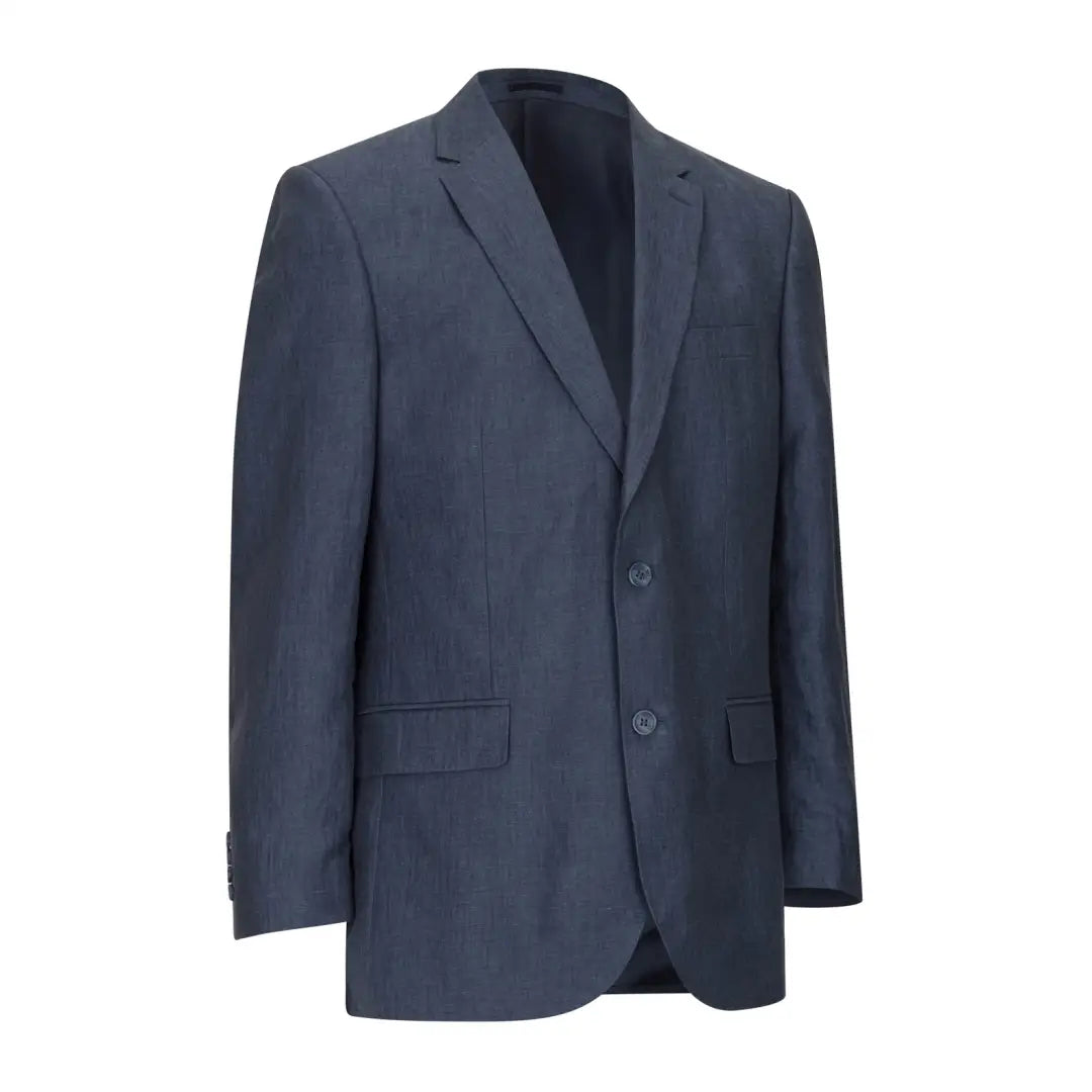 Navy blue linen blazer with two buttons and notched lapels for stylish country clothing