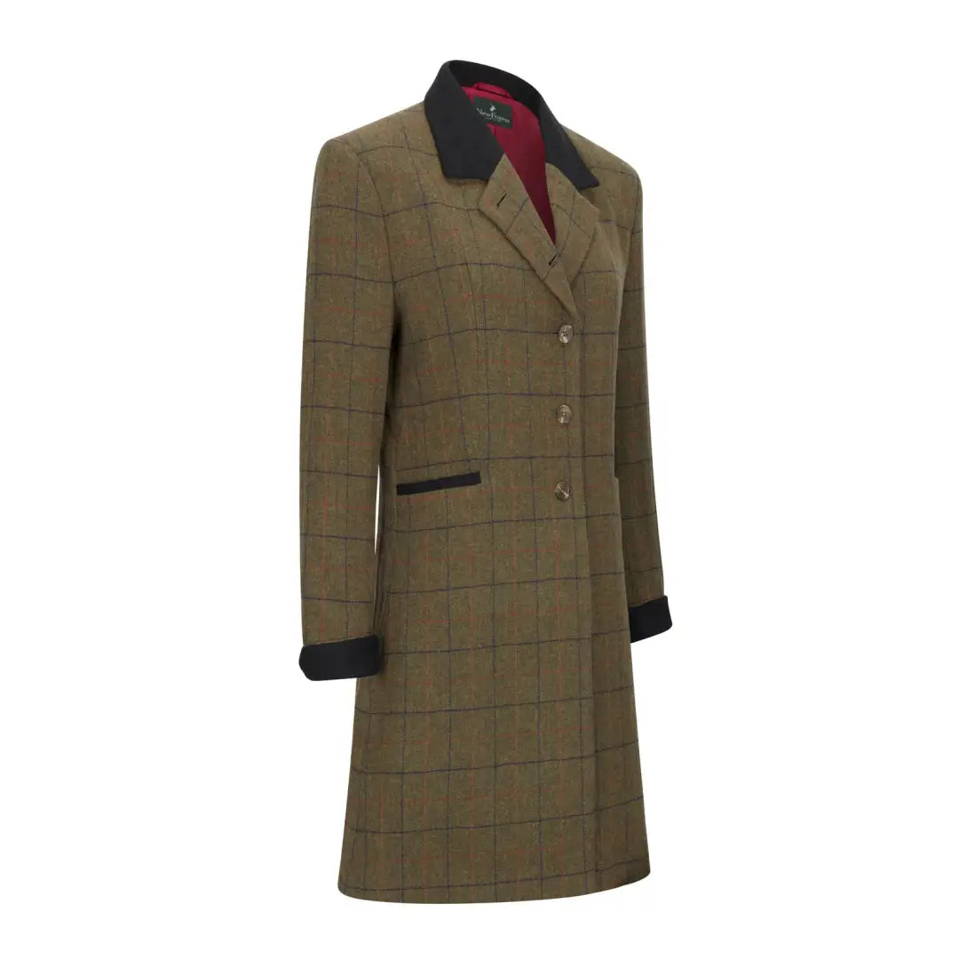 Long olive green Forest Lizzie Tweed Coat with dark trim and stylish red lining