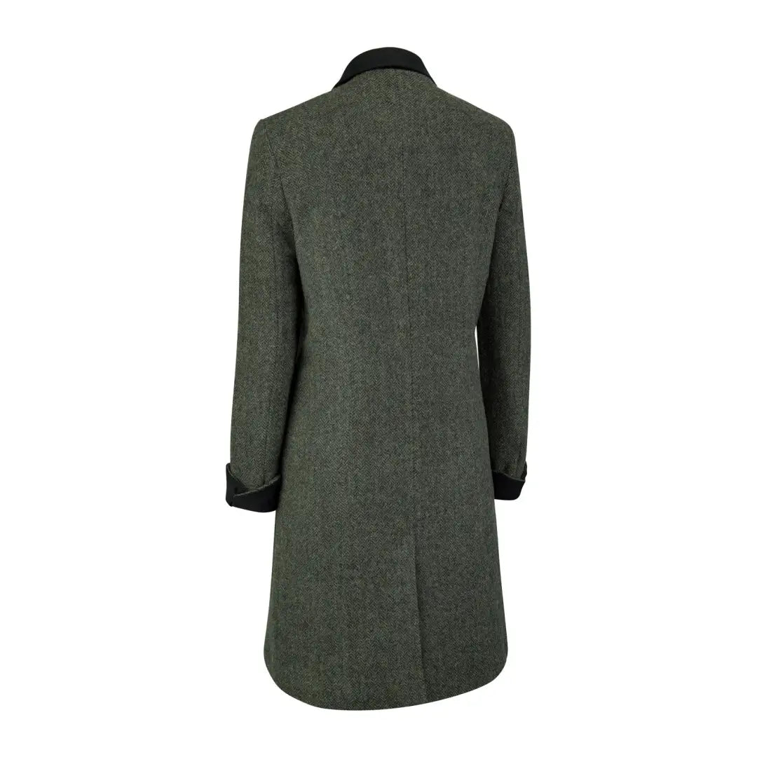 Long green wool Forest Lizzie Tweed Coat with stylish black collar for a chic look