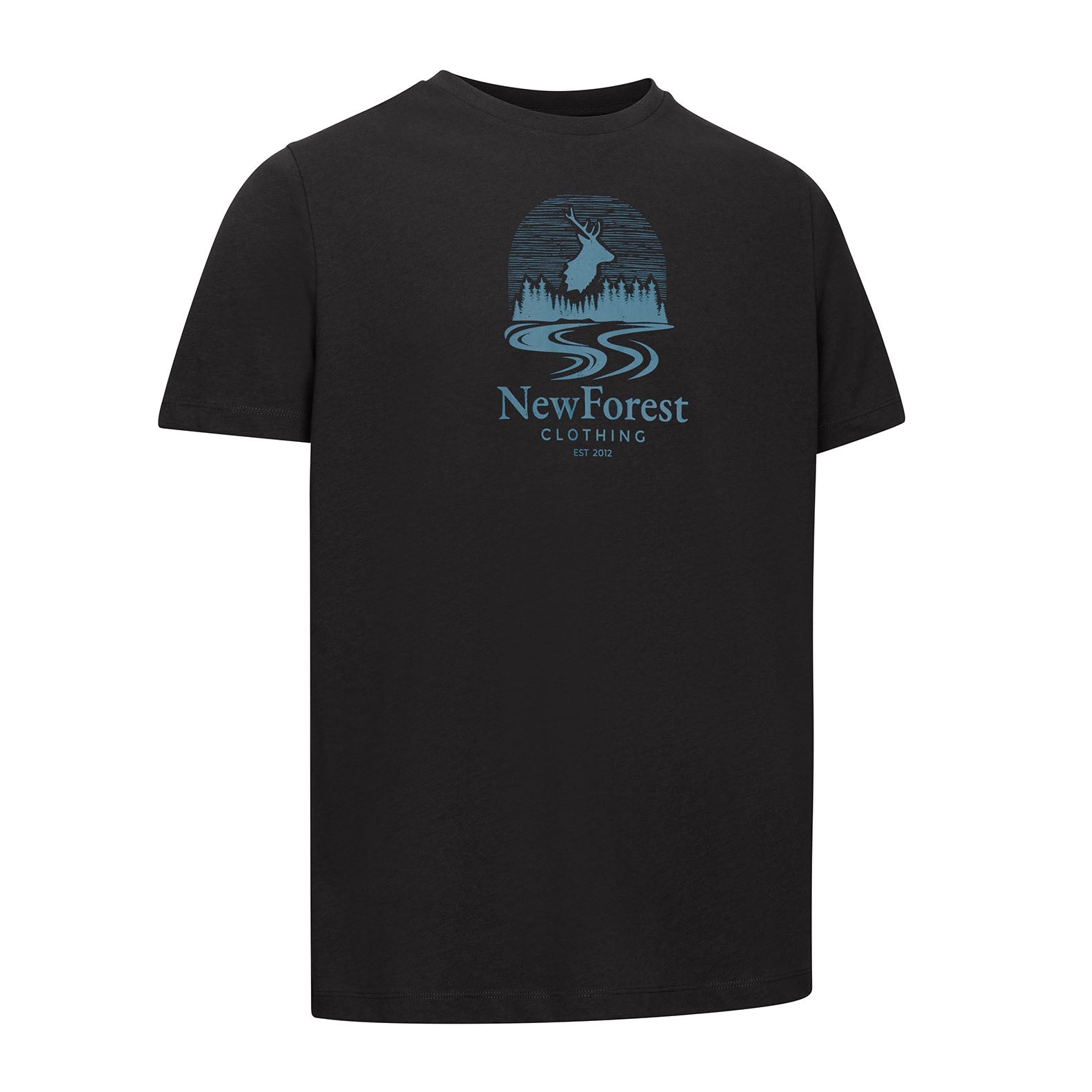 Black t-shirt featuring deer graphic, perfect for country clothing and forest logo fans