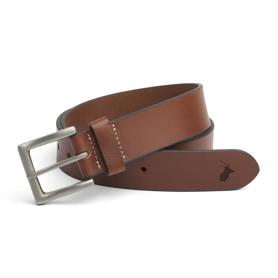 Brown leather belt with silver buckle and deer logo from New Forest Luxury Leather