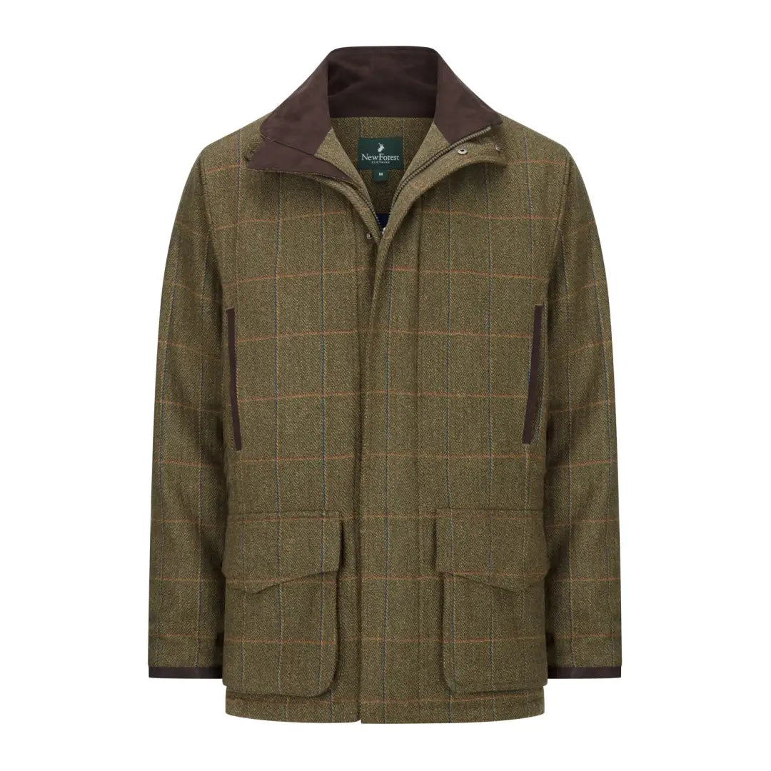 Olive green tweed jacket with checkered pattern and brown collar from New Forest Maverick Waterproof