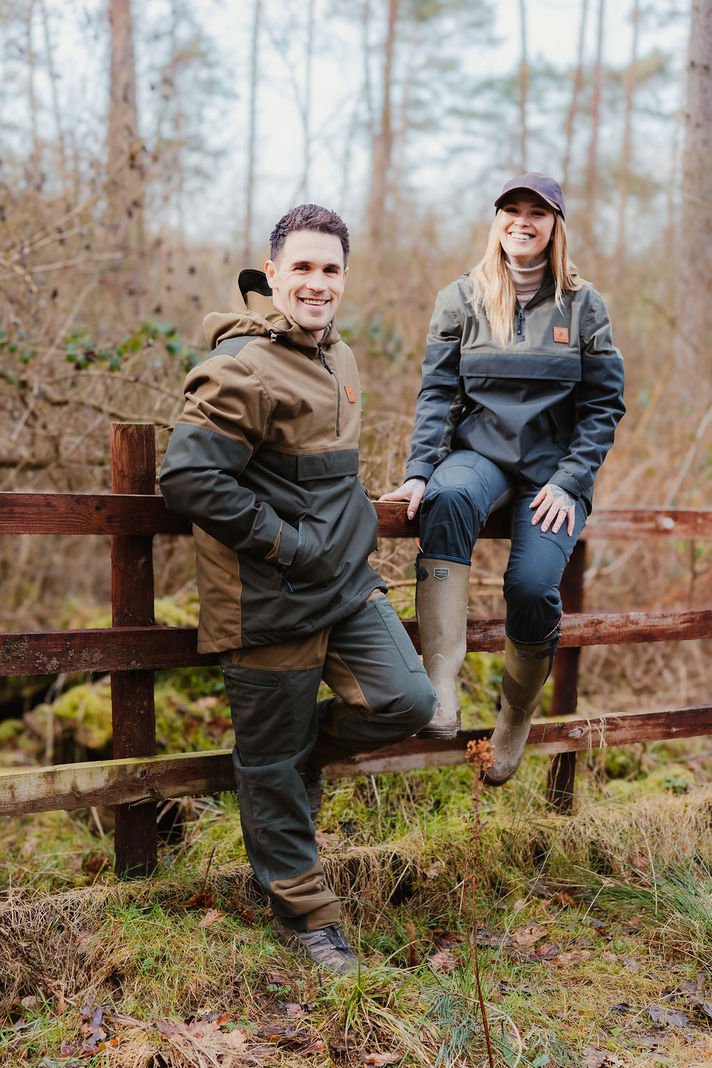 Two people outdoors wearing Forest Nightjar Trousers for a stylish adventure