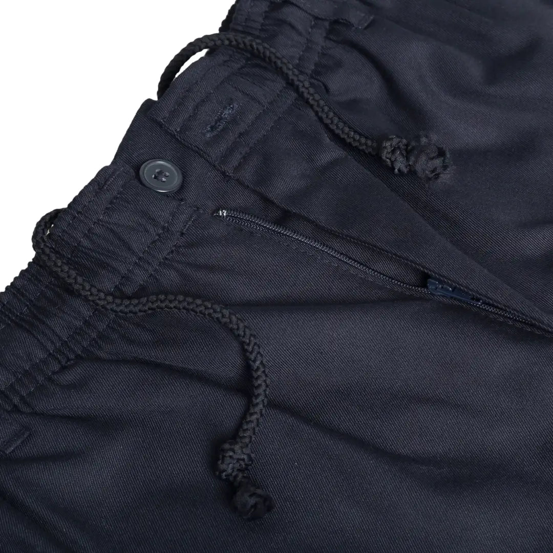 Navy blue drawstring rugby trousers with button closure and zipper fly for comfy country clothing