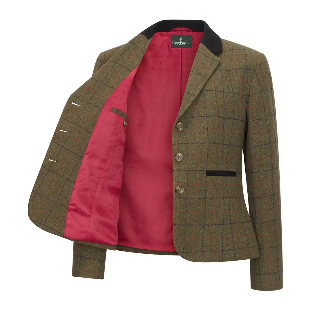 Olive green tweed blazer featuring red lining and black collar accents, New Forest Polly Tweed Blazer