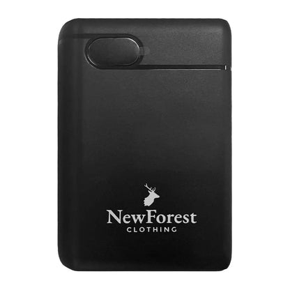 Black New Forest Power Bank with logo and deer icon for on-the-go charging