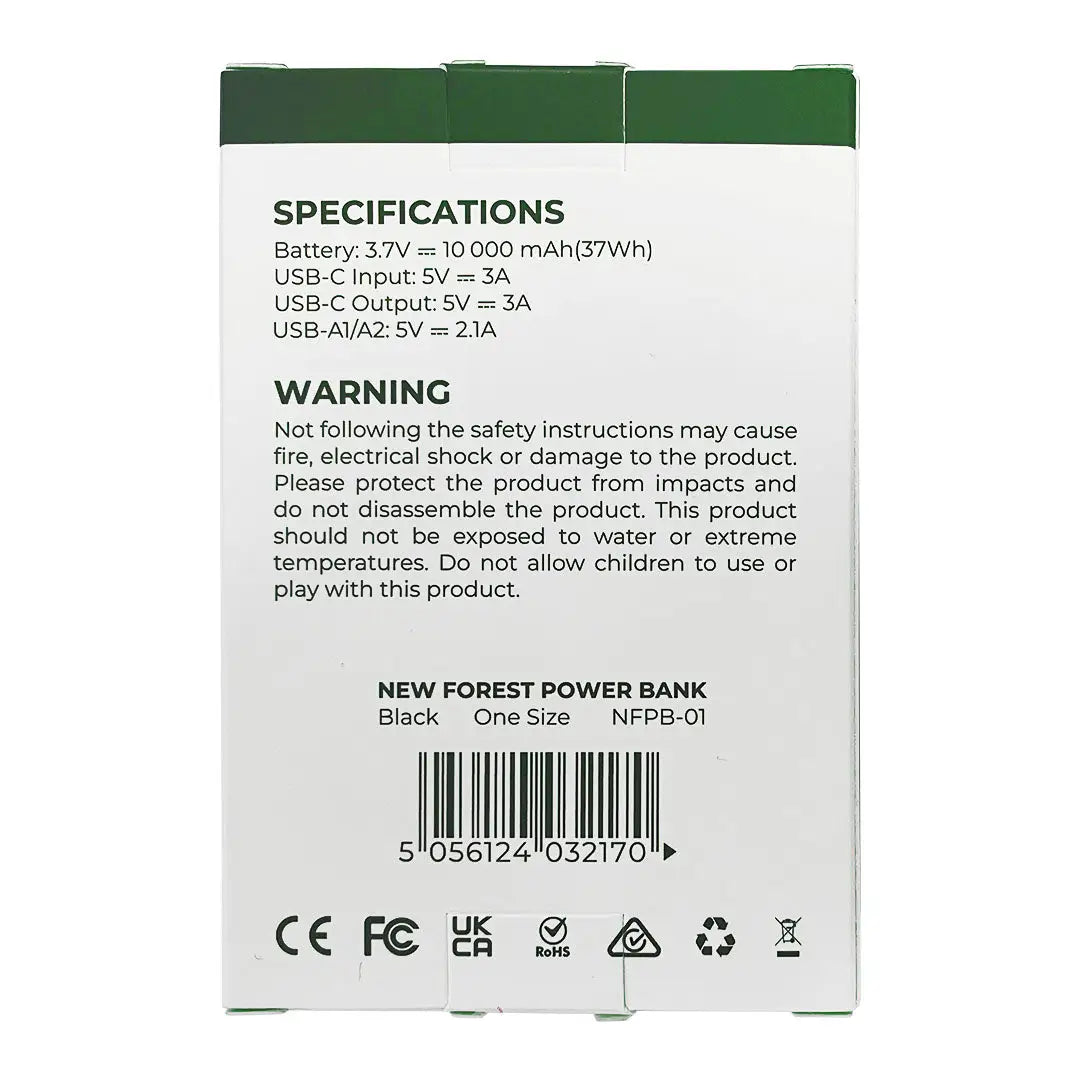 Product specification label for a New Forest Power Bank with essential details