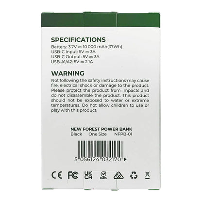 Product specification label for a New Forest Power Bank with essential details