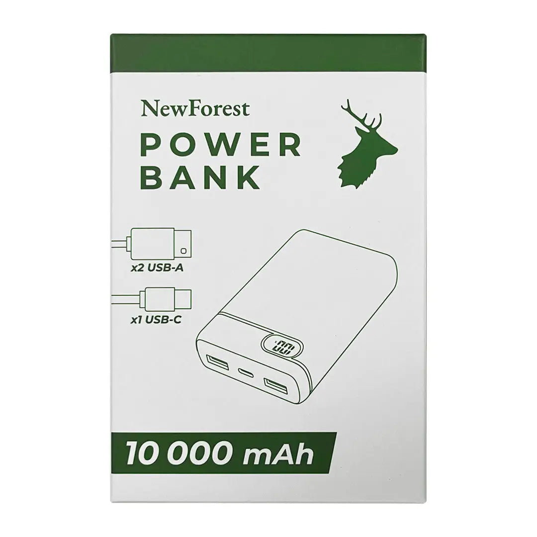 Power bank packaging design in green and white with a deer logo for New Forest Power Bank