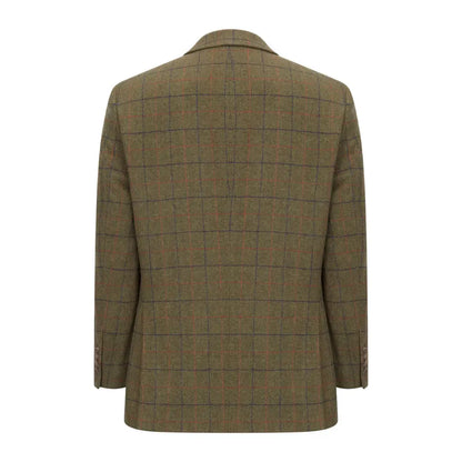 Olive green tweed blazer with windowpane check and two lower hand pockets