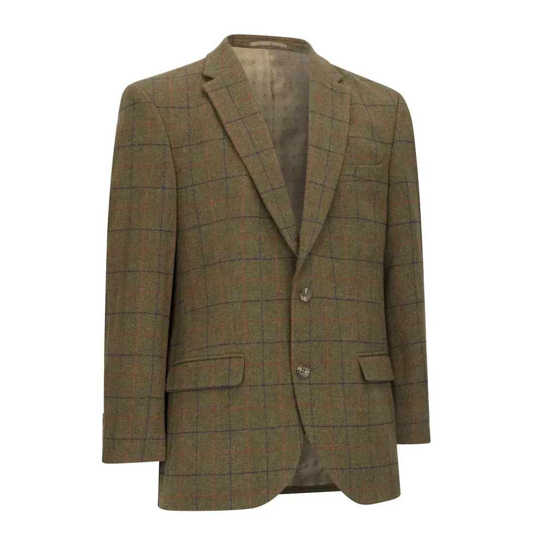 Olive green tweed blazer with windowpane pattern and two lower hand pockets