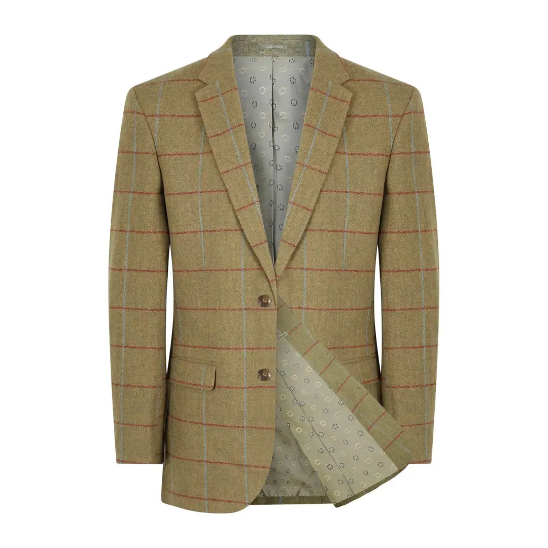 Tan checkered tweed blazer with two buttons in premium wool tweed fabric