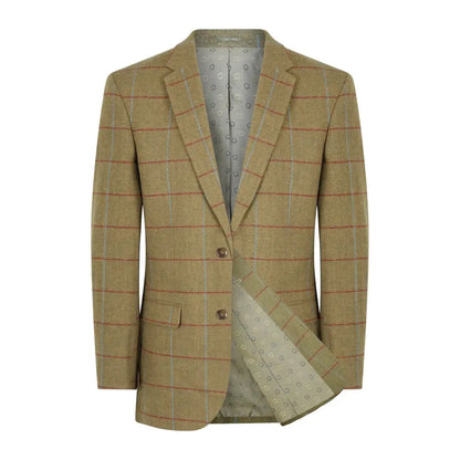 Tan checkered tweed blazer with two buttons in premium wool tweed fabric