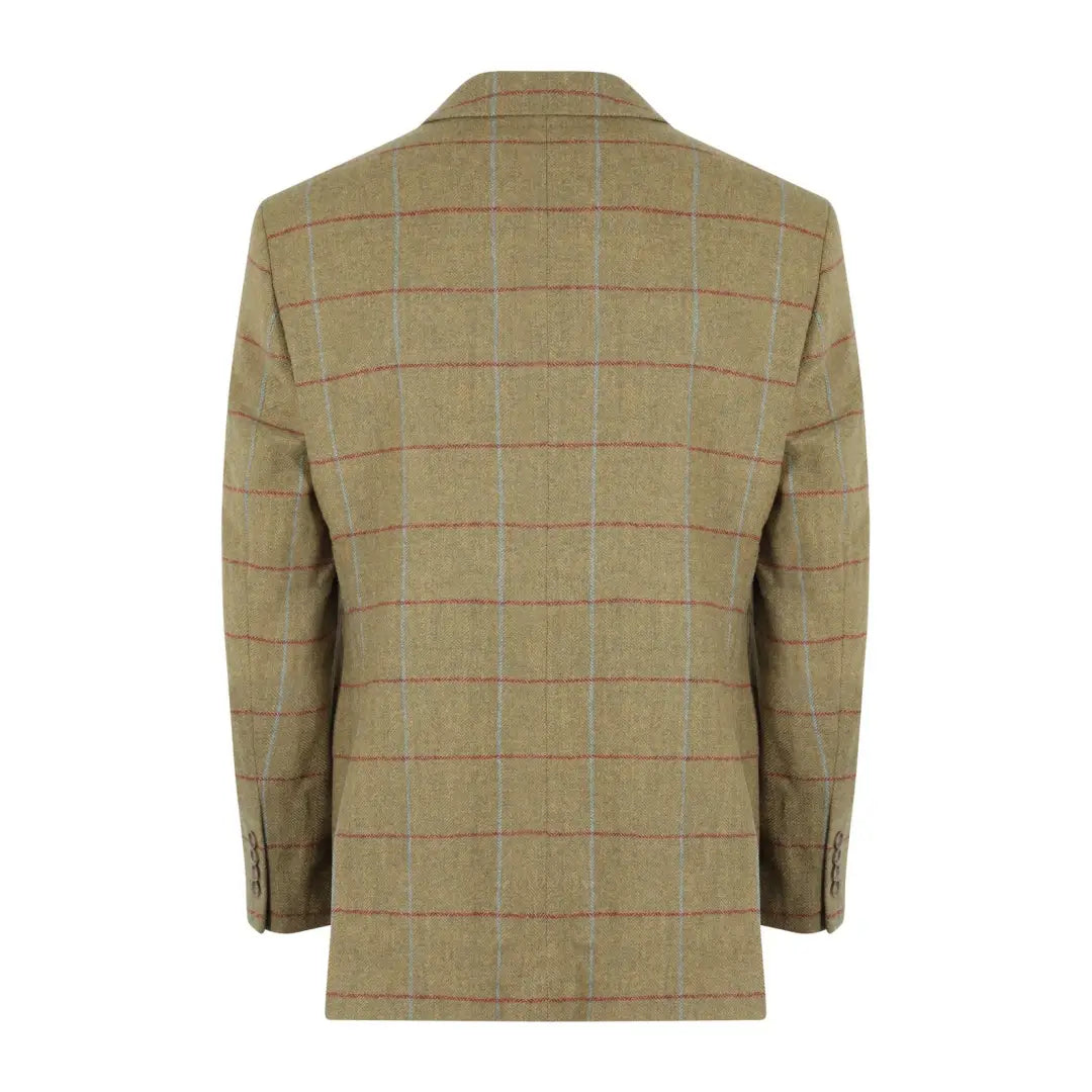 Tan plaid tweed blazer in wool tweed fabric with red and green windowpane pattern