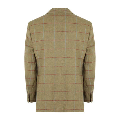 Tan plaid tweed blazer in wool tweed fabric with red and green windowpane pattern