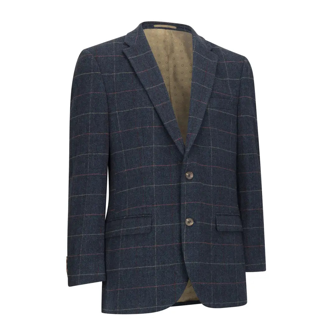 Stylish navy blue windowpane check tweed blazer made from 100% premium wool tweed