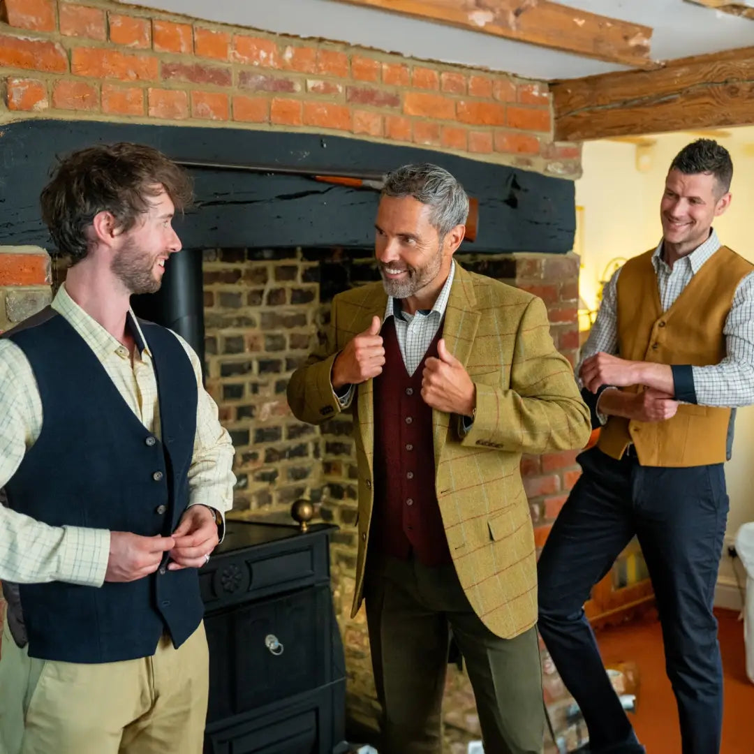 Three men in casual formal attire chatting by a fireplace with a stylish Wool Tweed Blazer