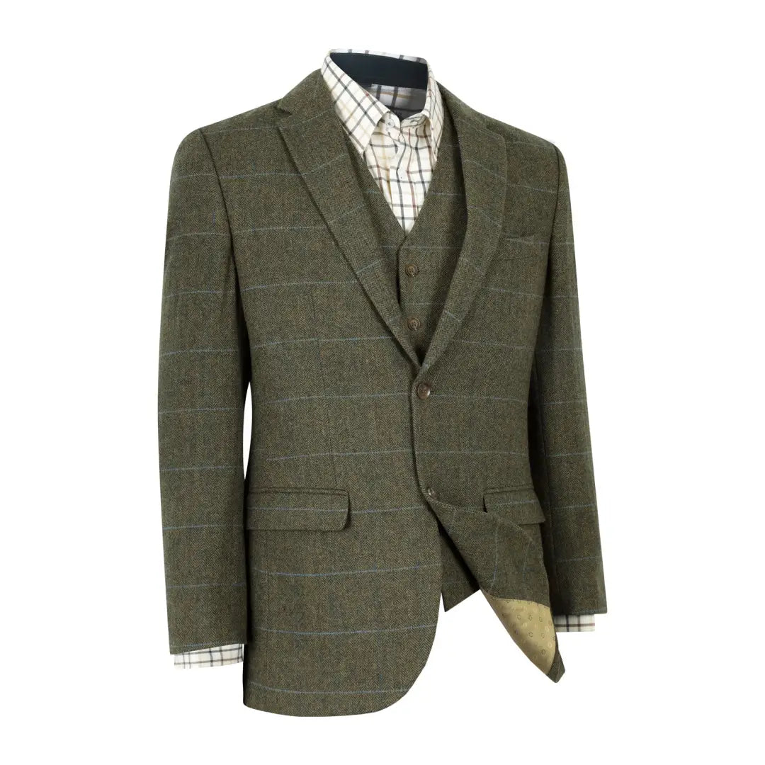 Green tweed blazer with windowpane pattern made from premium wool tweed fabric