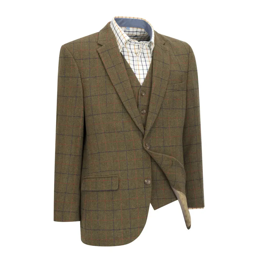 Olive green tweed blazer with matching waistcoat and two lower hand pockets