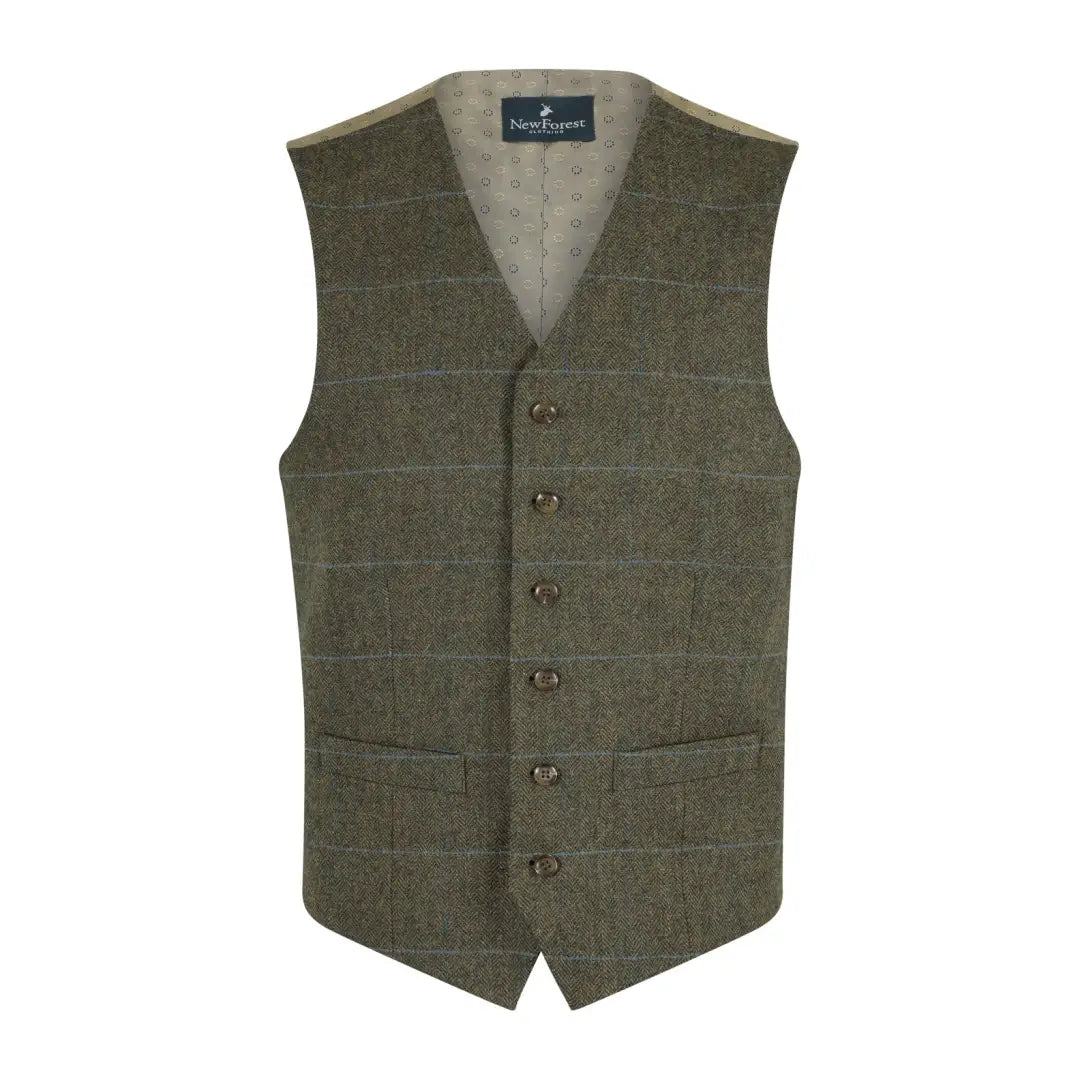 Green wool tweed waistcoat with windowpane pattern and six buttons from New Forest