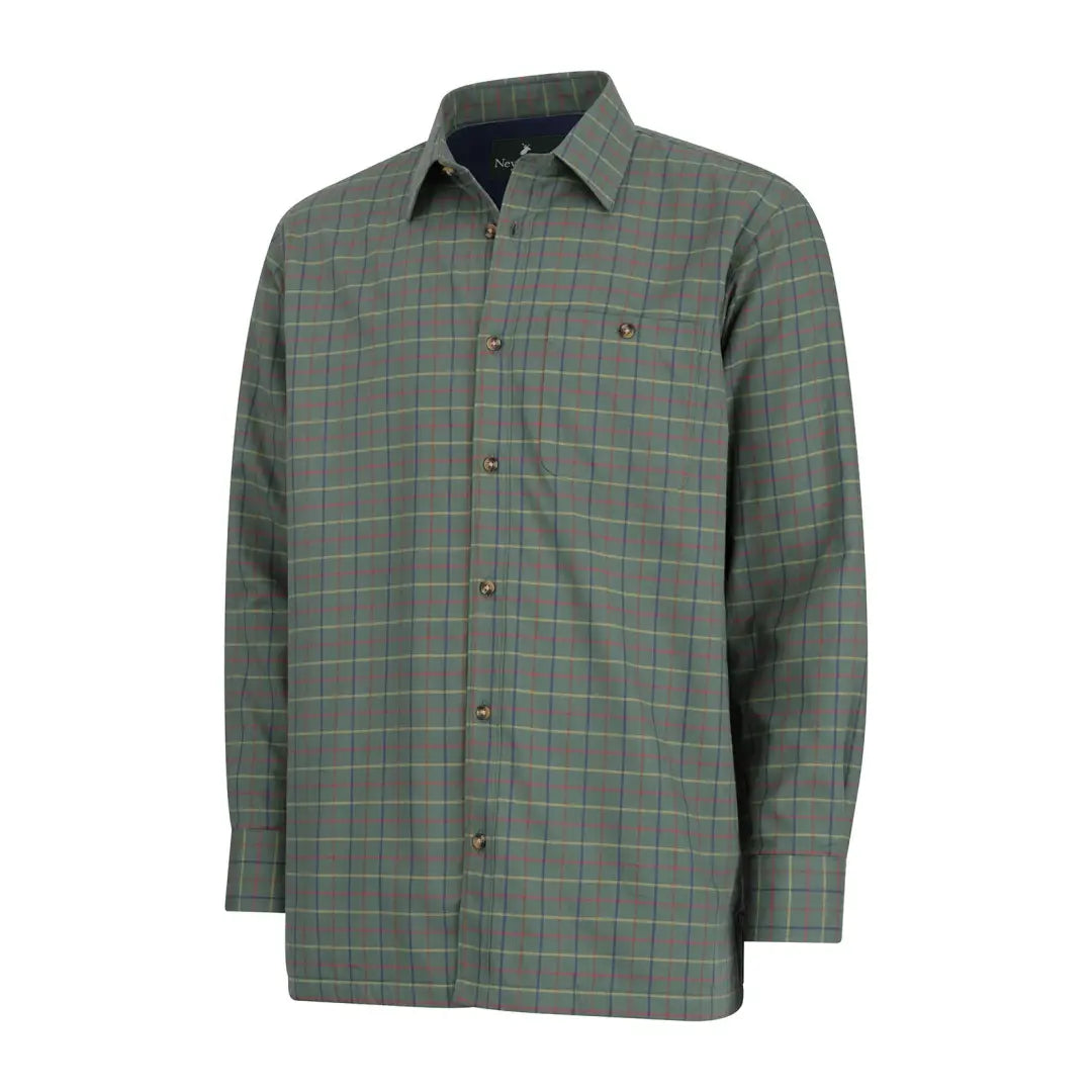 Green plaid button-up fleece lined shirt with collar and chest pocket for cozy style