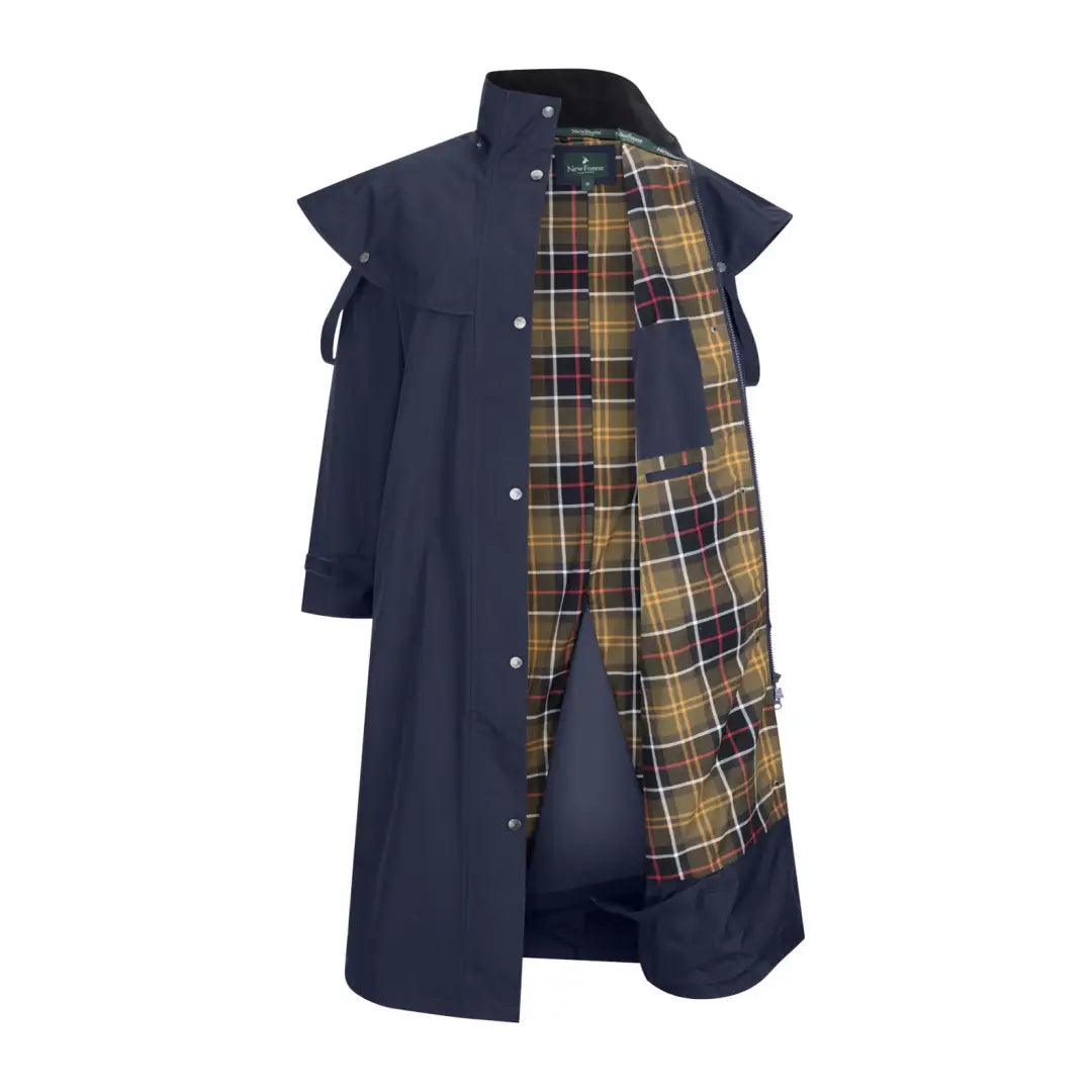 Navy blue trench coat with plaid lining, perfect for country clothing and outdoor adventures