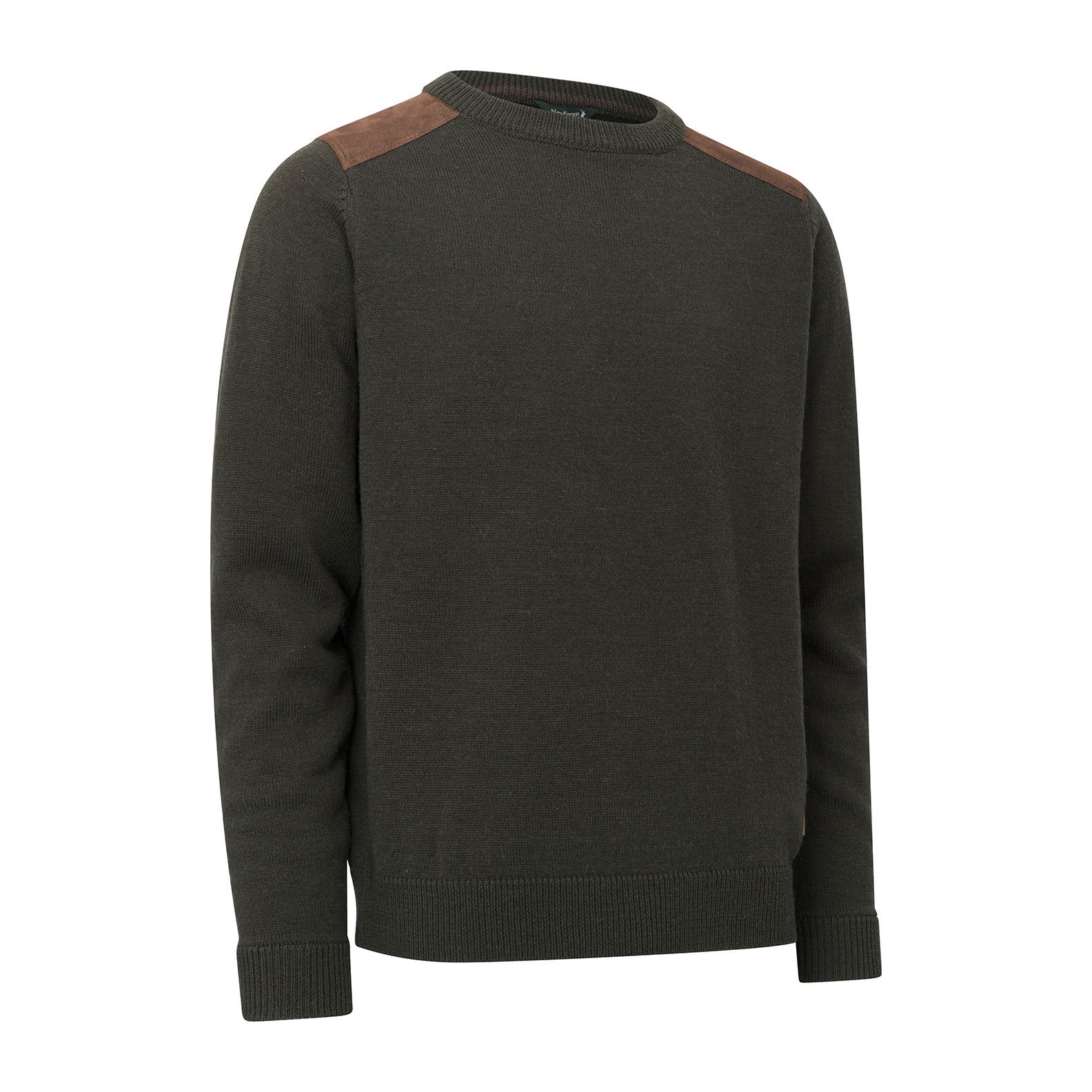 Olive green forest raven crew neck jumper with stylish shoulder patches