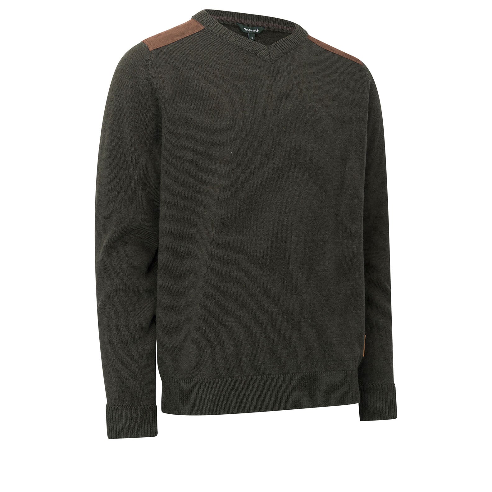 Olive green Forest Raven V Neck Jumper with stylish brown shoulder patches