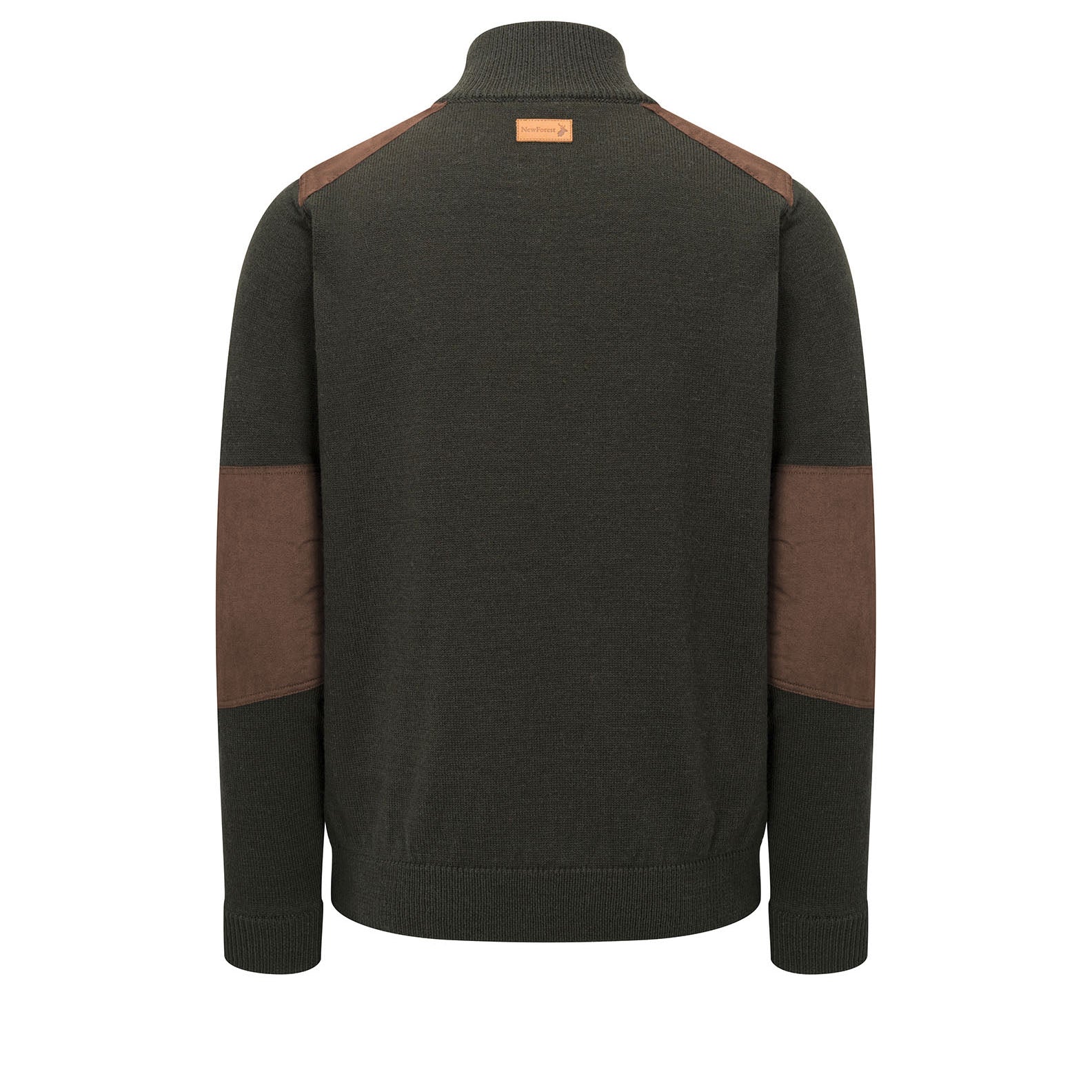 Dark green knit Raven Zip Neck jumper with brown shoulder and elbow patches